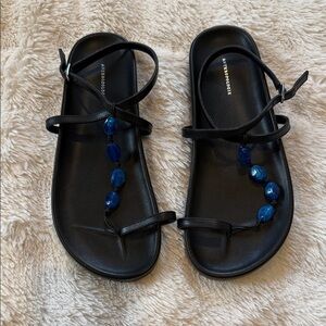 Anthropologie Black Sandals with Blue Beads NWOT Size 8